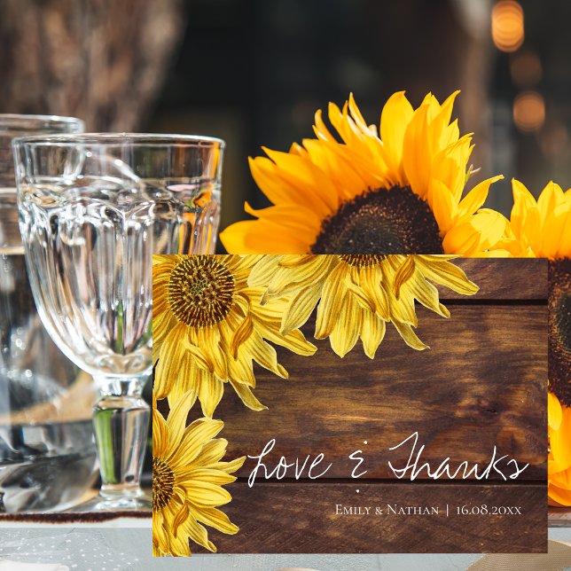 Carte Postale Merci Mariage de automne de tournesol en bois rust (Rustic Wood Sunflower Fall Wedding Thank you Postcard)