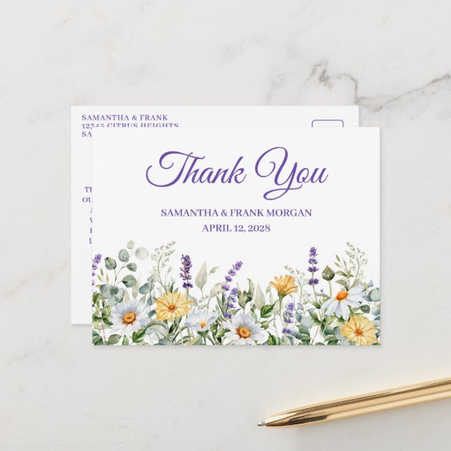 Carte Postale Merci Mariage de bordure fleur sauvage d'aquarelle (Devant/Arrière en situation)