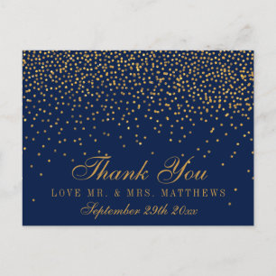 Carte Postale Merci Mariage de Confetti bleu marine et or glam