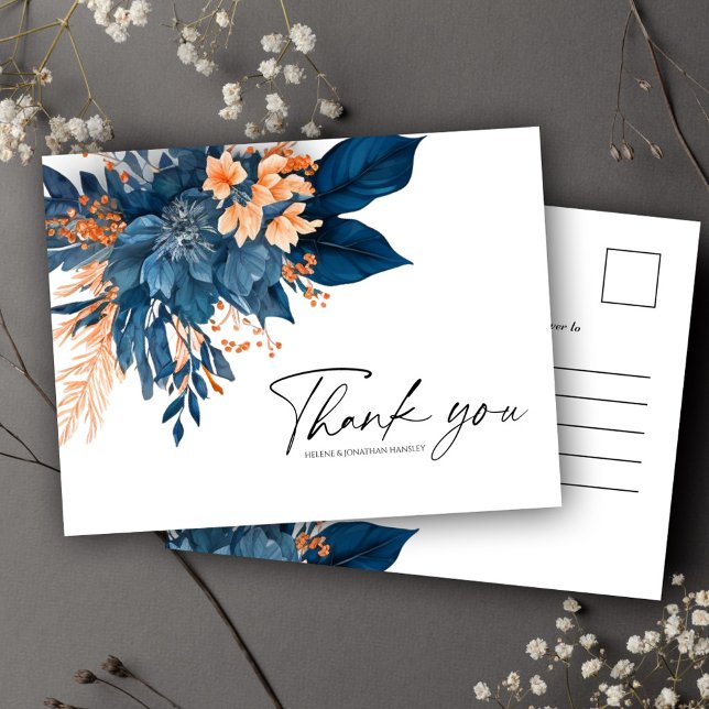Carte Postale Merci Mariage de rouille d'Indigo Floral moderne (Modern Floral Indigo Rust Wedding Thank You Postcard)