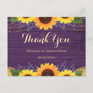 Carte Postale Merci Mariage de tournesol en bois violet rustique