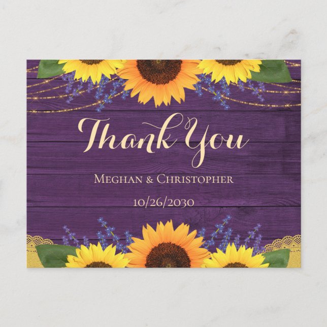 Carte Postale Merci Mariage de tournesol en bois violet rustique (Devant)