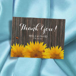 Carte Postale Merci Mariage de tournesol Ladybug Barne Bois<br><div class="desc">Rustic Dark Wood & Sunflower Mariage Merci Cartes.</div>
