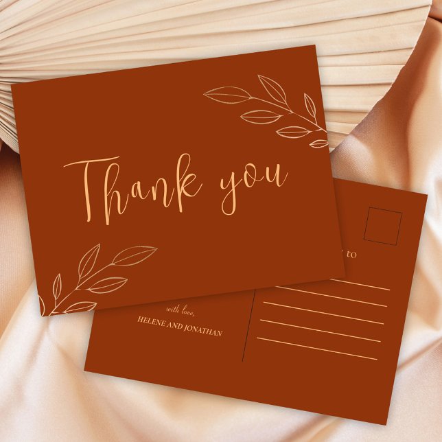 Carte Postale Merci Mariage en terre cuite orange brûlé (Burnt Orange Terracotta Boho Wedding Thank You Postcard)