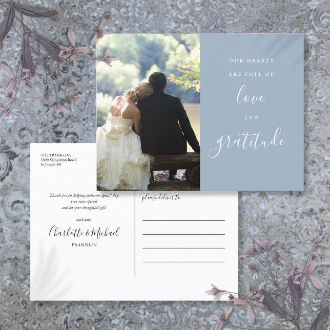 Carte Postale Merci Mariage photo Dusty Blue Script (Dusty Blue Script Photo Wedding Thank You Postcard)
