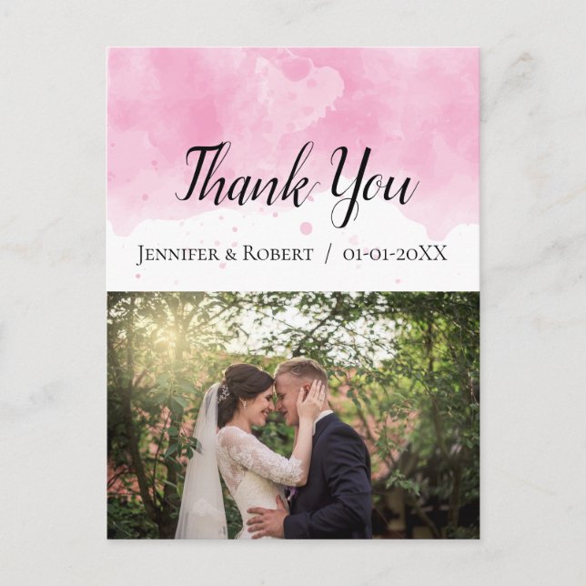 Carte Postale Merci Mariage photo rose Aquarelle (Devant)