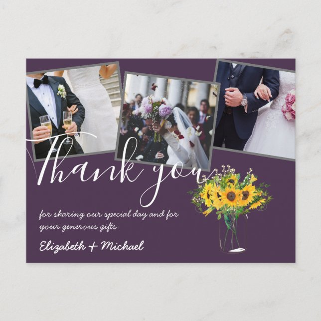 Carte Postale Merci Mariage Photos superposer Texte Fleurs de so (Devant)