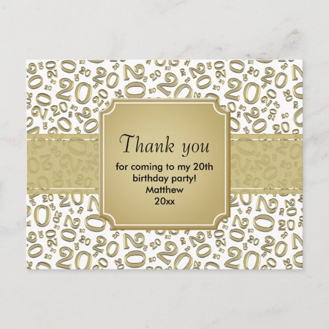 Carte Postale Merci modèle de numéro d'anniversaire 20 Or/Blanc (Devant)