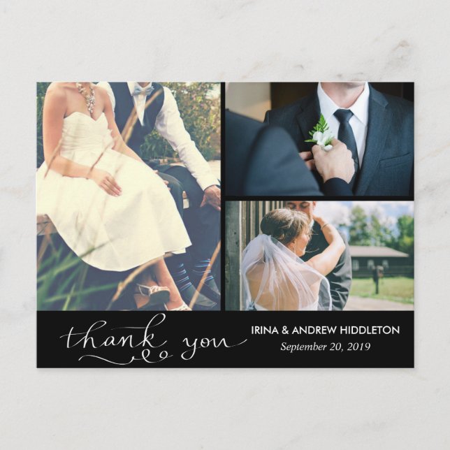 Carte Postale Merci moderne noir Script Trois photos Mariages (Devant)