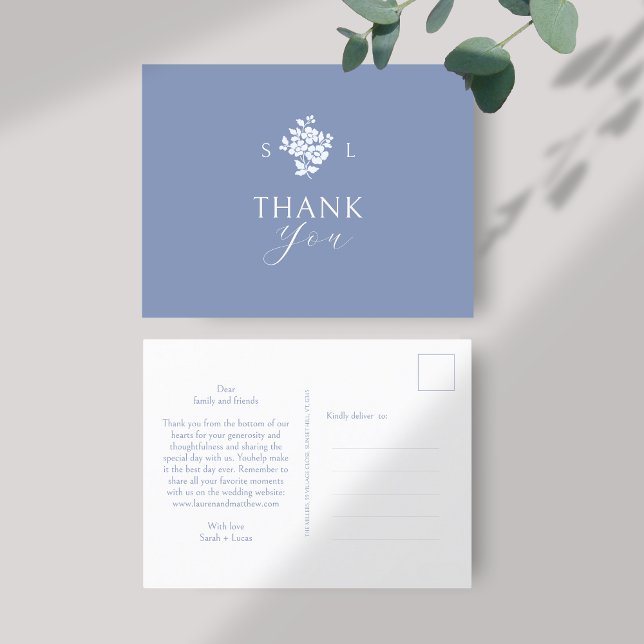 Carte postale Merci Monogramme bleu et blanc (Créateur téléchargé)