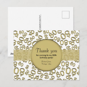 Carte Postale Merci : Motif de nombre d'anniversaire 80 en or/bl