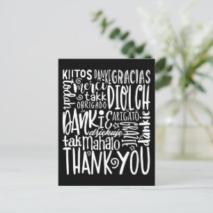 Carte Postale Merci Multi Langues Typographie blanche Noir