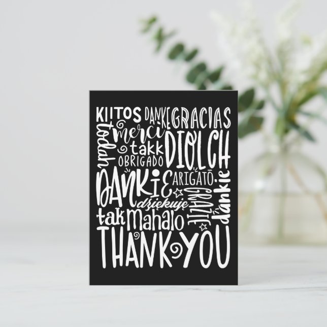 Carte Postale Merci Multi Langues Typographie Blanche Noir (Debout devant)