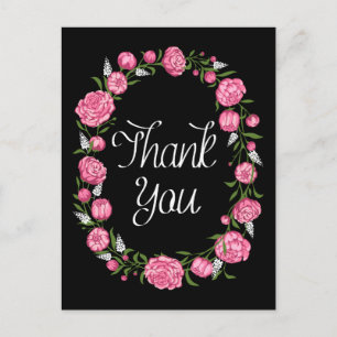 Carte Postale Merci noir rose pivoine couronne florale