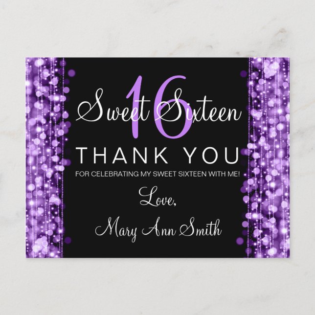 Carte Postale Merci Note Sweet 16 Fête Étincelles Purple (Devant)