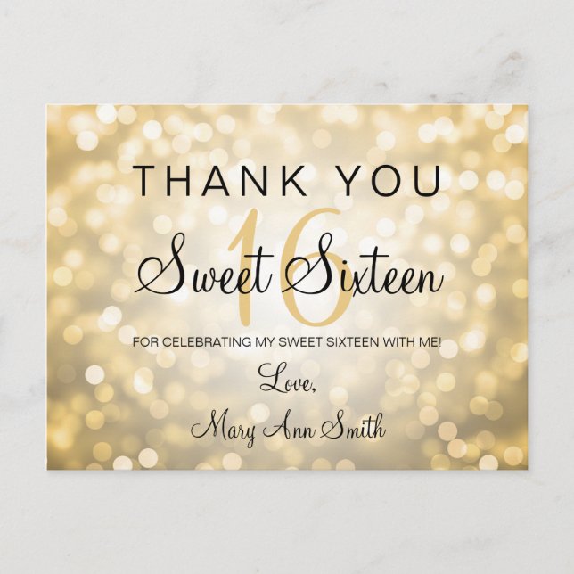 Carte Postale Merci Note Sweet 16 Gold Parties scintillant Lumiè (Devant)