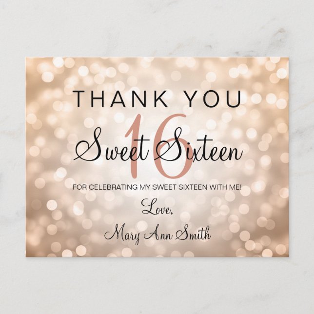 Carte Postale Merci Note Sweet 16 Rose Gold Parties scintillant  (Devant)
