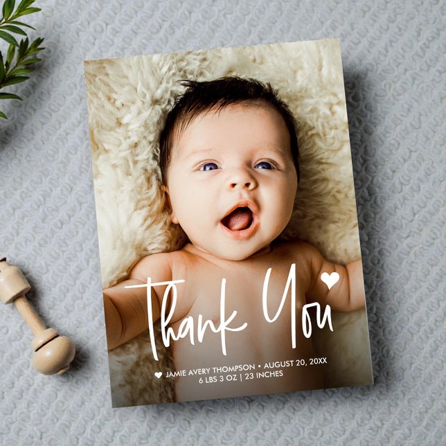 Carte Postale Merci photo bébé Faire-part de naissance coeur (Birth announcement thank you heart photo postcards.)