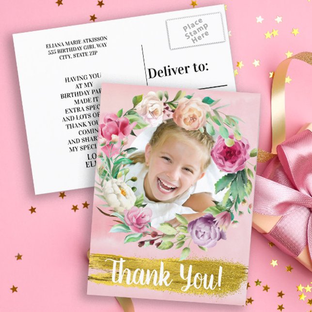 Carte Postale Merci photo d'anniversaire de l'enfant rose mignon (Pink floral and gold little girl's birthday party custom photo "Thank you" card. )