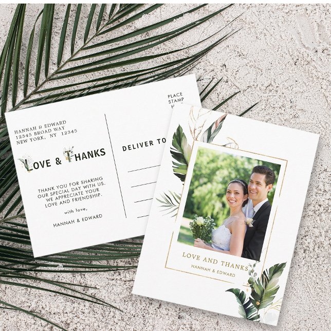 Carte Postale Merci photo Mariage Tropical Foliage Gold (Front & Back)