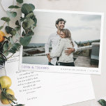Carte Postale Merci photo moderne simple Mariage<br><div class="desc">Ce mariage photo moderne et simple, élégant, vous remercie modèle de carte postale avec vos noms et date sous votre photo, ainsi que 'LOVE & THANKS' mis en évidence dans une élégante nuance de violet royal. L'autre texte à l'avant est un noir légèrement adouci. Vous pouvez choisir de modifier la...</div>