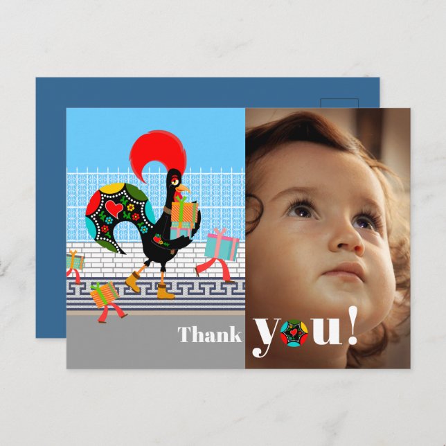 Carte Postale Merci pour la fête d'anniversaire Coq Portugais (Devant / Derrière)