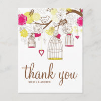 Carte postale Merci pour oiseaux magenta et jaune