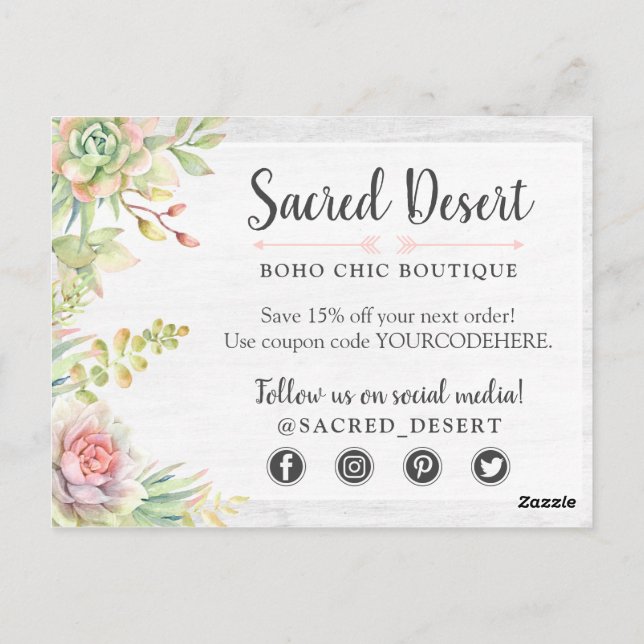 Carte Postale Merci Rustique Aquarelle Succulent Cactus du déser (Dos)