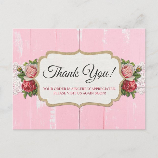 Carte Postale Merci Shabby Chic Rustique Bois Rose Floral Rose (Devant)