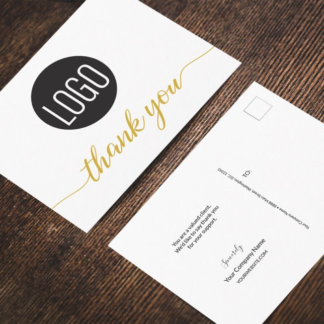 Carte Postale Merci simple d'appréciation du client (Large business logo with gold hue elegant thank you script postcard. Thank you message wording.)