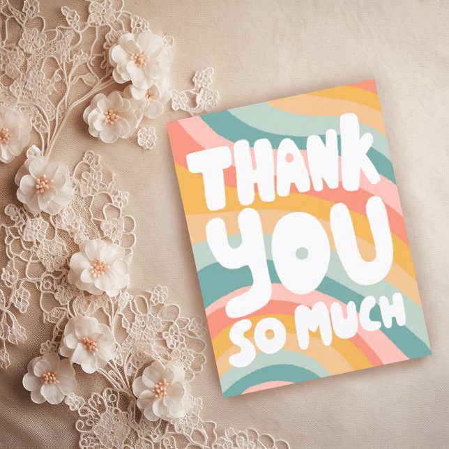 Carte Postale MERCI TELLEMENT Pastel Rainbow Stripes PERSONNALIS (Pastel rainbow stripes thank you handlettering bubble letters custom postcard)