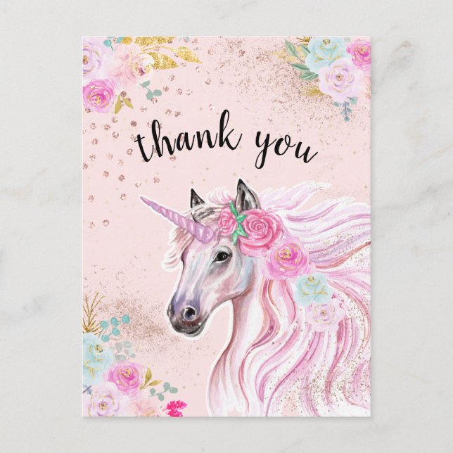 Carte Postale Merci Unicorne rose Turquoise Parties scintillant  (Devant)