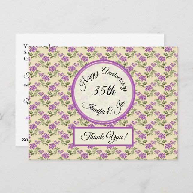 Carte Postale Merci - Violettes anniversaires sur Jaune pâle (Devant / Derrière)