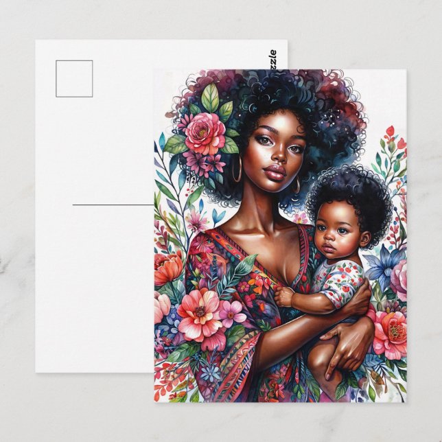 Carte Postale Mère et bébé noirs afro Fleur aquarelle (Devant / Derrière)