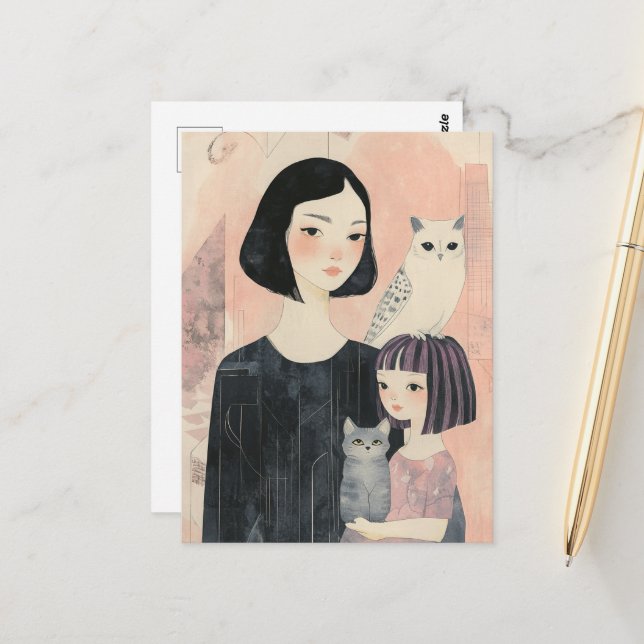 Carte Postale Mère et fille avec chat et hibou chat (Devant/Arrière en situation)