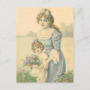 Carte Postale Mère fille victorienne cueillant des fleurs Fête d