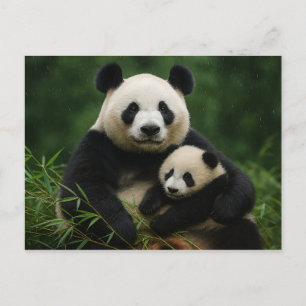 Carte Postale Mère panda et petit dans une pluie douce