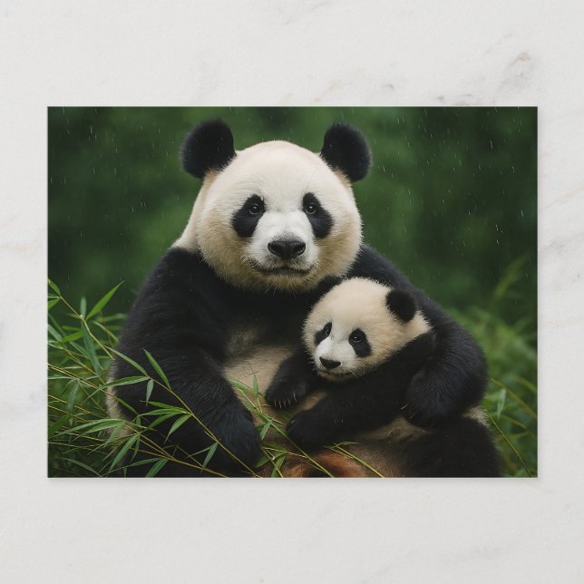 Carte Postale Mère panda et petit dans une pluie douce (Devant)