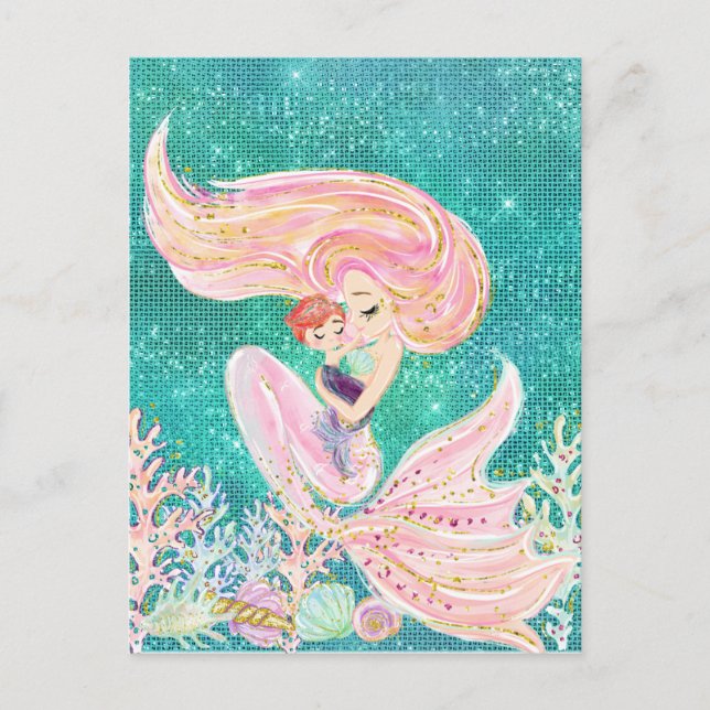 Carte Postale Mère Sirène avec Bébé Mer Paillettes (Devant)