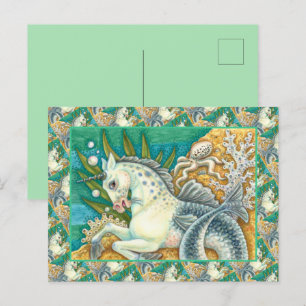 CARTE POSTALE MERHORSE & OCTOPUS BLANC, CHEVAL UNICORN IMAGINAIR