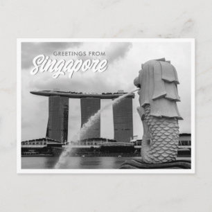 Carte Postale Merlion noir et blanc Salutations de Singapour