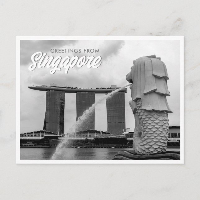Carte Postale Merlion noir et blanc Salutations de Singapour (Devant)