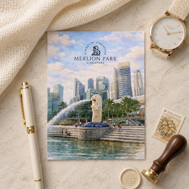 Carte Postale Merlion Park Singapour | Monument aquarelle (Merlion Park Singapore | Watercolor Landmark Postcard)
