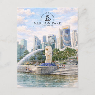 Carte Postale Merlion Park Singapour Monument aquarelle
