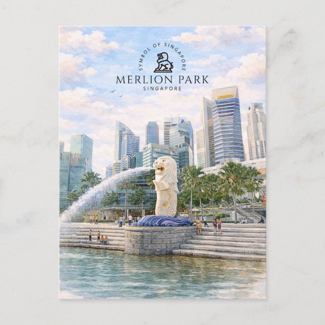Carte Postale Merlion Park Singapour | Monument aquarelle (Devant)