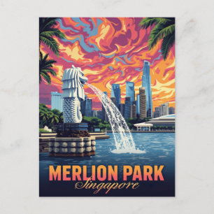 Carte Postale Merlion Park Singapour Skyline Coucher de soleil