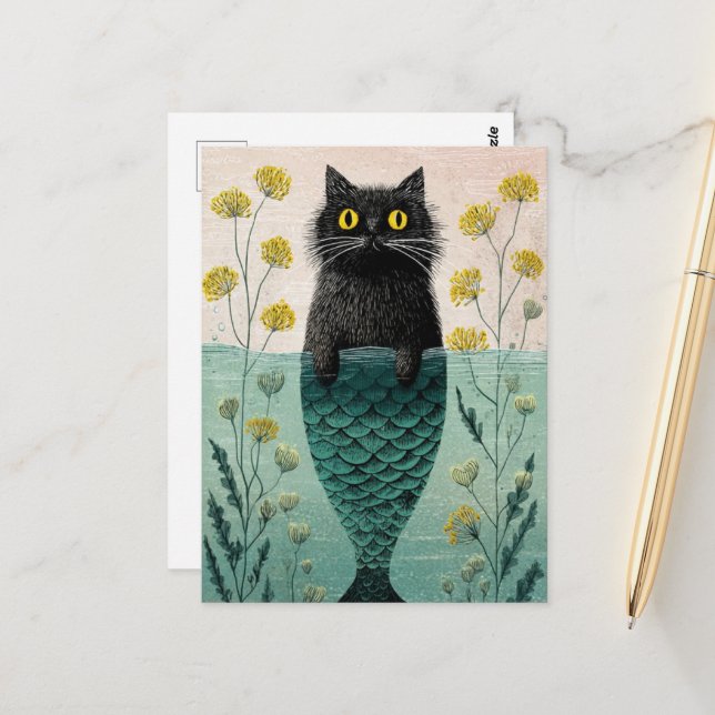 Carte Postale Mermaid Black Kitty (Devant/Arrière en situation)