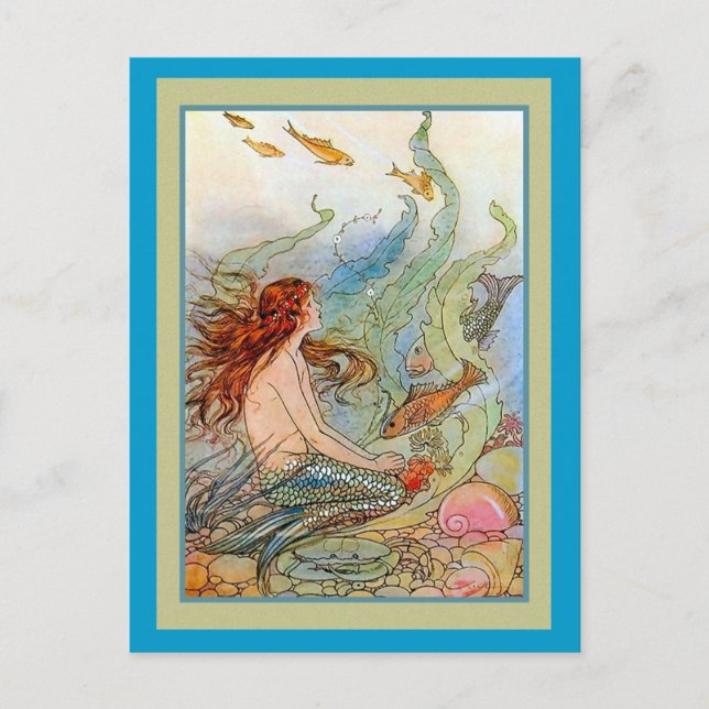 Carte Postale Mermaid Girl in Sea with Fish and Shells (Devant)