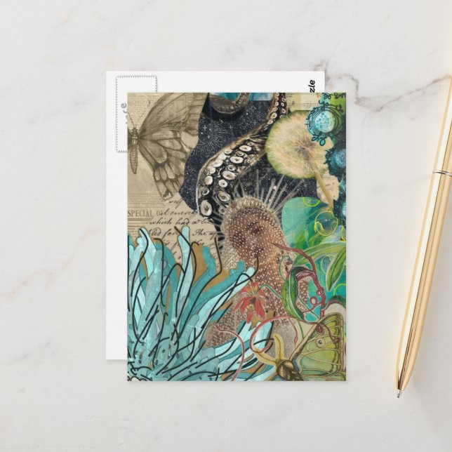 Carte Postale Mermaid Queen Mixed Media Collage (Devant/Arrière en situation)