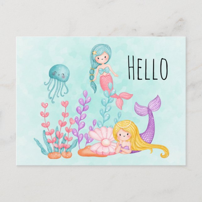 Carte Postale Mermaids et méduses sous l'aquarelle marine (Devant)